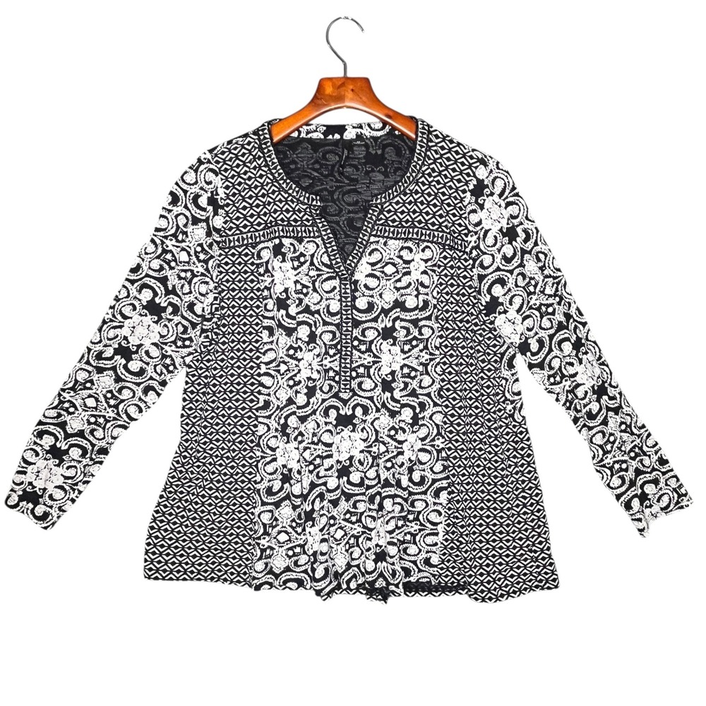 New Directions‎ Curvy Bl/Wht Statement Print V Neck Tunic Top Blouse Womens 0X